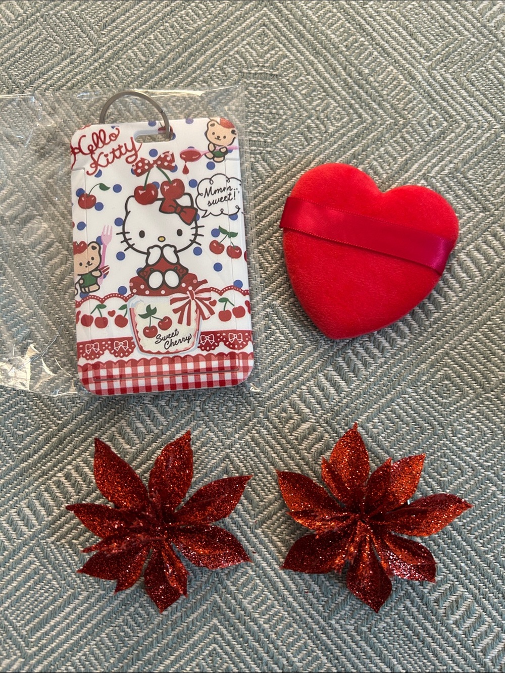 HK Badge Holder, Red Heart Makeup Puff, and Glitter Poinsettia Clips